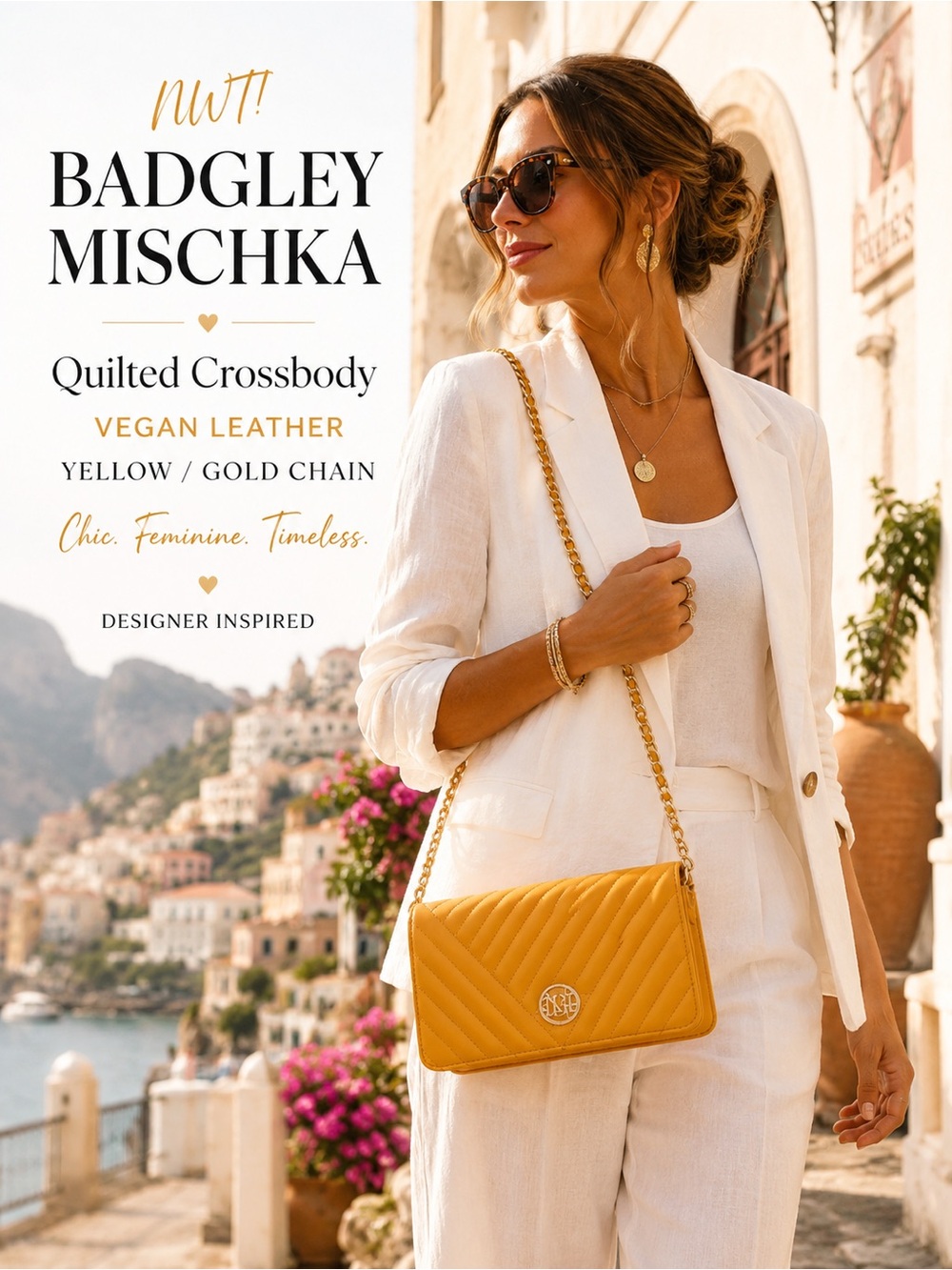 NWT Badgley Mischka  Yellow Quilted Crossbody Bag Gold Chain Vegan Leather